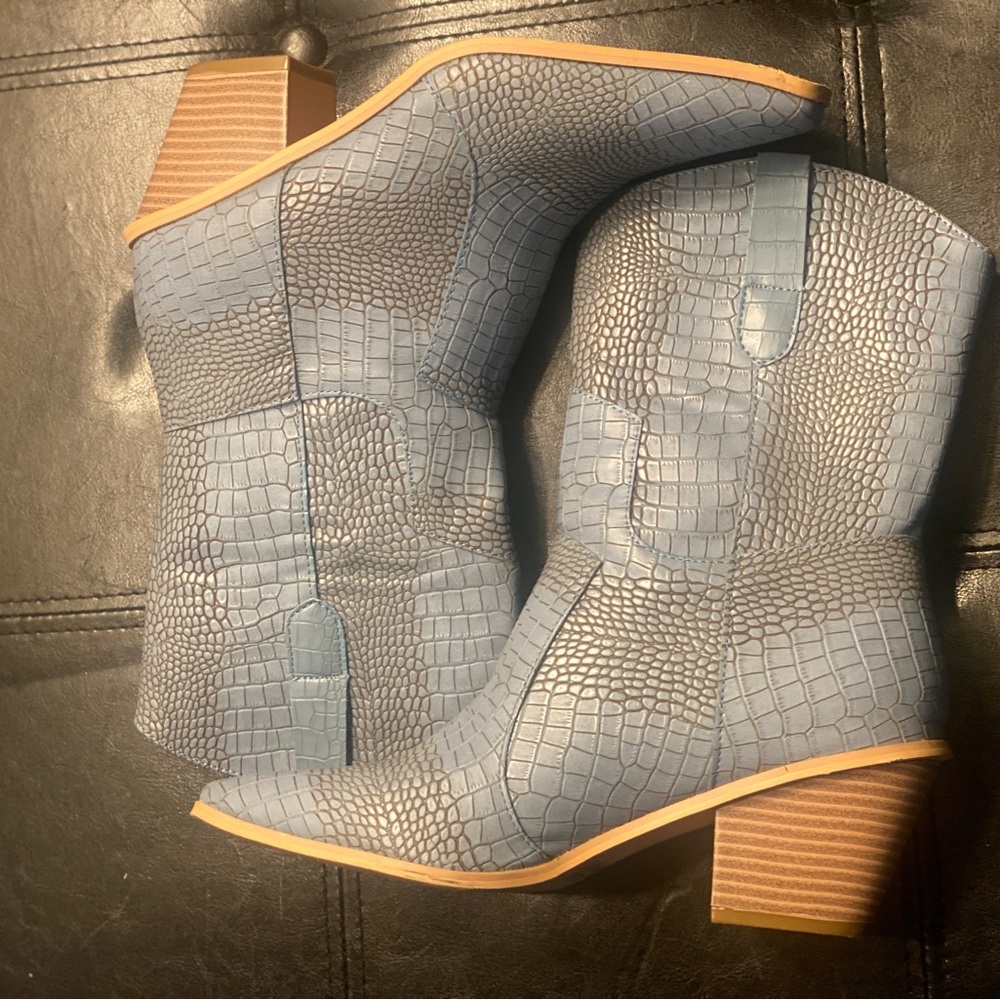 Blue Croc-Embossed Ankle Boots